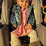 Luna'Rae is registered to the contest to win money with this photo: baby, boots, car_seat, child, cozy, crocheted_hat, cute, denim_jacket, fashion, fur_boots, indoor, infant, person, pink_dress, playful_expression, portrait, seat_belt, smiling, tights, young_child