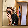 bathroom, butterfly_tattoo, casual, cat, door, gray_cat, hand, hoodie, indoor, mirror, person, phone, reflection, selfie, shoulder, smartphone, striped_towel, tattoo, towel, wooden_door