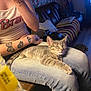 Edana joined the competition — help win amazing prizes! cat, tabby_cat, person, tattoos, jeans, tank_top, indoor, living_room, couch, blanket, wooden_floor, relaxed, pet, animal, feline, sitting, comfort, casual, home, lamp_light