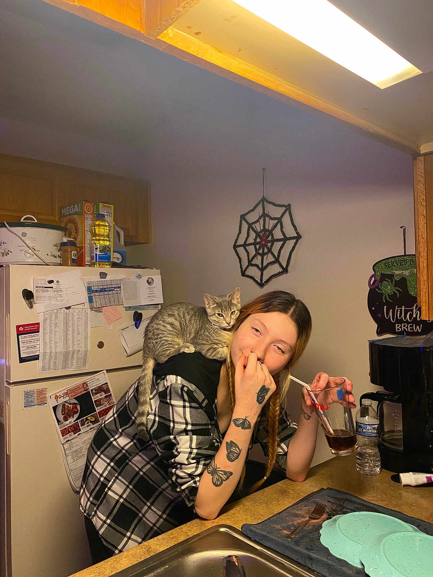 Edana joined the competition — help win amazing prizes! woman, cat, kitchen, tattoos, glass, straw, counter, refrigerator, papers, spider_web, plaid_shirt, gray_cat, drink, sink, water_bottle, decor, indoor, casual, relaxed, home