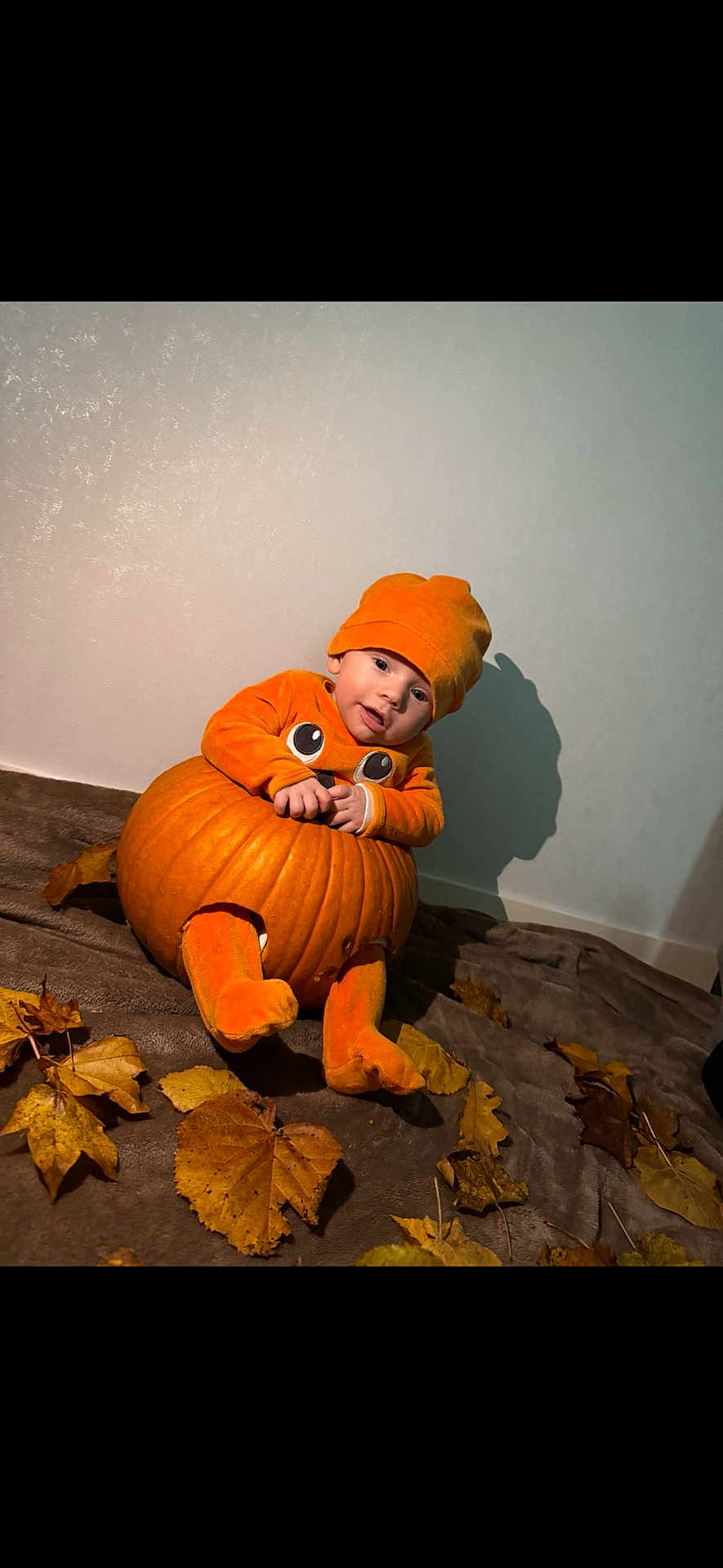 Ezio participe au concours pour gagner de l'argent avec cette photo : baby, pumpkin, orange_clothing, hat, autumn_leaves, fall, indoor, child, cute, smiling, costume, seasonal, playful, blanket, portrait, holiday, celebration, festive, toddler, cozy
