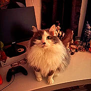 Juliet is registered to the contest to win money with this photo: cat, fluffy, desk, computer_monitor, gaming_controller, glasses, figurines, curtains, decor, indoor, pet, white, brown, fur, table, electronics, cute, animal, home, curious