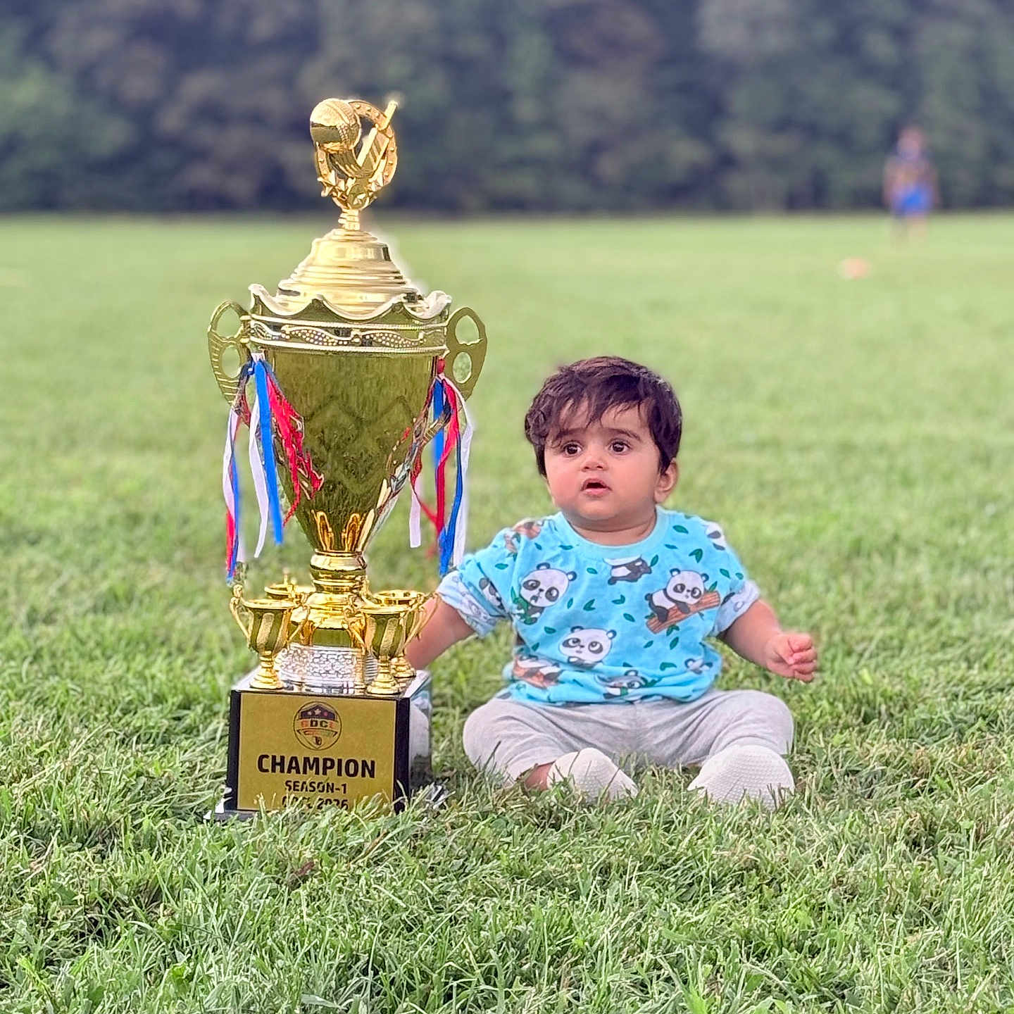Aaryansh is registered to the contest to win money with this photo: baby, child, toddler, trophy, champion, outdoor, grass, field, sports, football, portrait, sitting, curious, face, hair, blue_shirt, panda_pattern, gray_pants, white_shoes, ribbons