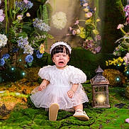 Ngoc is registered to the contest to win money with this photo: toddler, child, crying, white_dress, headband, lantern, flowers, greenery, moss, garden, fairy_lights, nature, portrait, indoor, decor, cute, sad, puffed_sleeves, shoes, sitting
