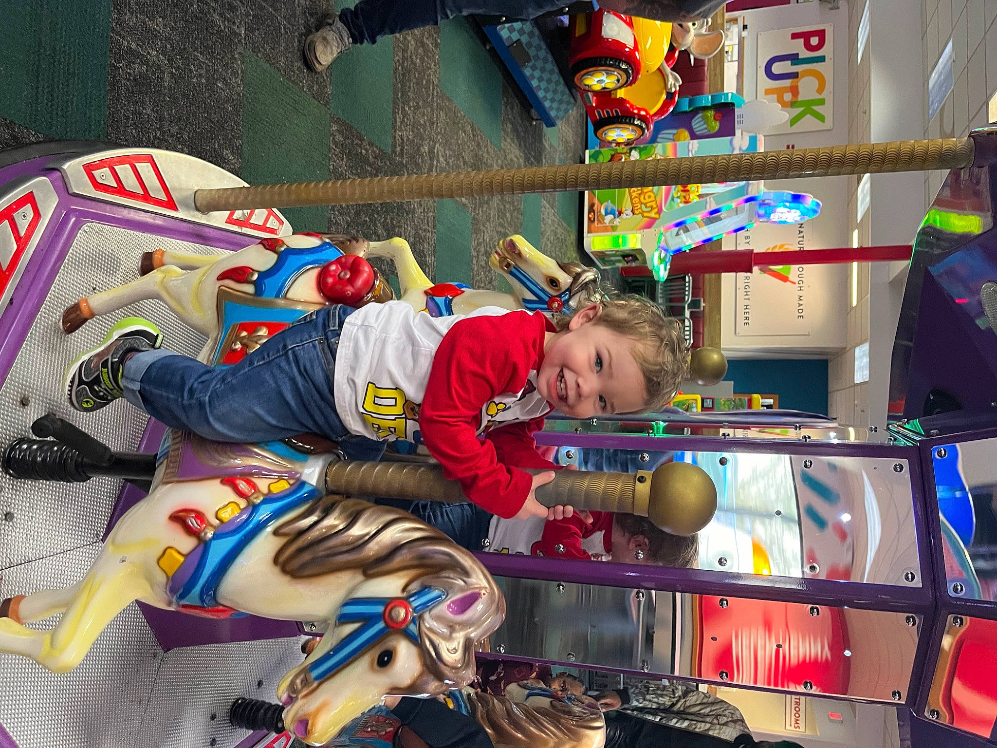 Carson joined the competition — help win amazing prizes! child, city, convenience_store, event, fictional_character, fun, joy, kindergarten, leisure, market, motor_vehicle, person, play, recreation, retail, room, shopping, smile, supermarket, toddler