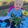 child, toddler, smiling, portrait, outdoor, garden, gardening, sunflower, plant, flower_pot, soil, shovel, potting_table, fence, grass, tree, blue_eyes, blond_hair, striped_shirt, playful
