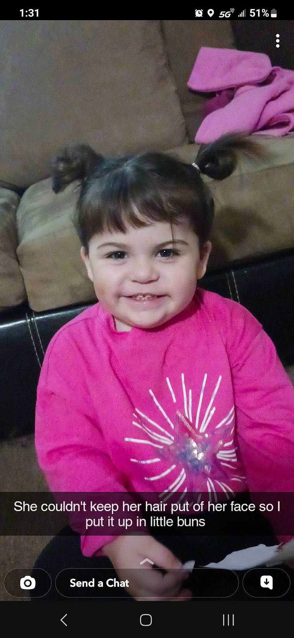 Auriella is registered to the contest to win money with this photo: bangs, child, event, eye, face, fun, fur, happy, iris, joy, magenta, person, petal, pink, purple, sitting, sleeve, smile, t_shirt, textile