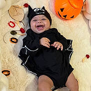 Ayane participe au concours pour gagner de l'argent avec cette photo : 4_months, baby, bat_costume, black_outfit, candy, celebration, child, cute, fluffy_blanket, halloween_costume, happy, hat, holiday, indoors, infant, lying_down, person, pumpkin_bucket, smiling, wooden_sign