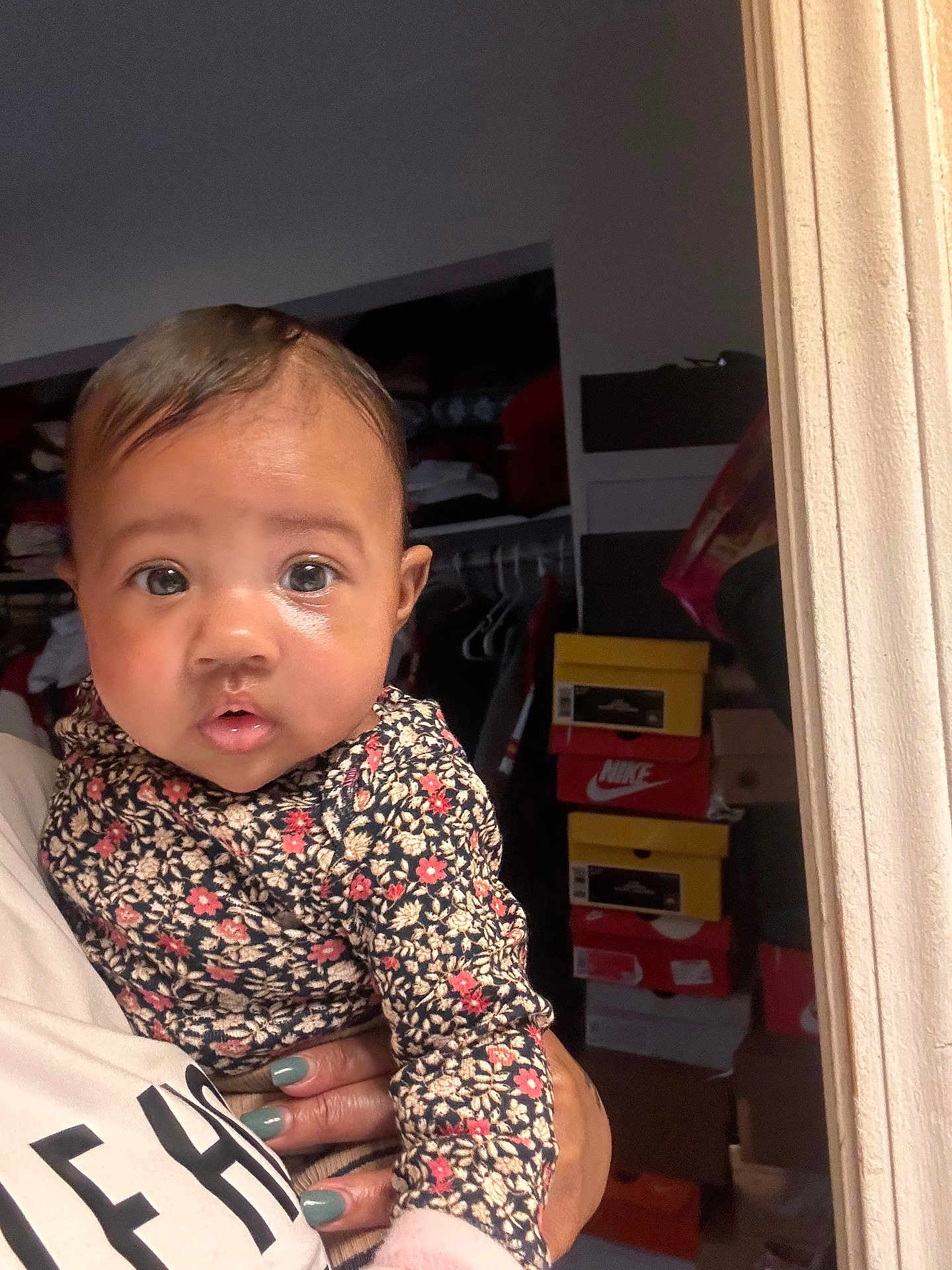 Denver Skye Donahue joined the competition — help win amazing prizes! accessories, baby, bag, bodypart, box, cabinet, closet, cupboard, door, face, finger, furniture, hand, handbag, head, indoors, person, photography, portrait, shelf