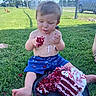 toddler, child, cake, red_velvet_cake, outdoor, grass, fence, dog, messy, food, eating, barefoot, blue_shorts, summer, sunny, plate, nature, cute, face, fun