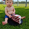 baby, child, grass, cake, red_velvet_cake, shirtless, blue_shorts, necklace, outdoor, daytime, fence, sports_field, food, plate, sitting, curious_expression, barefoot, summer, sky, greenery