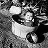 toddler, child, metal_tub, water, outdoor, rocks, tree_trunk, garden_tools, shadows, black_and_white, happy, play, smile, dirt, wheel, sunlight, texture, person, portrait, bucket_lid