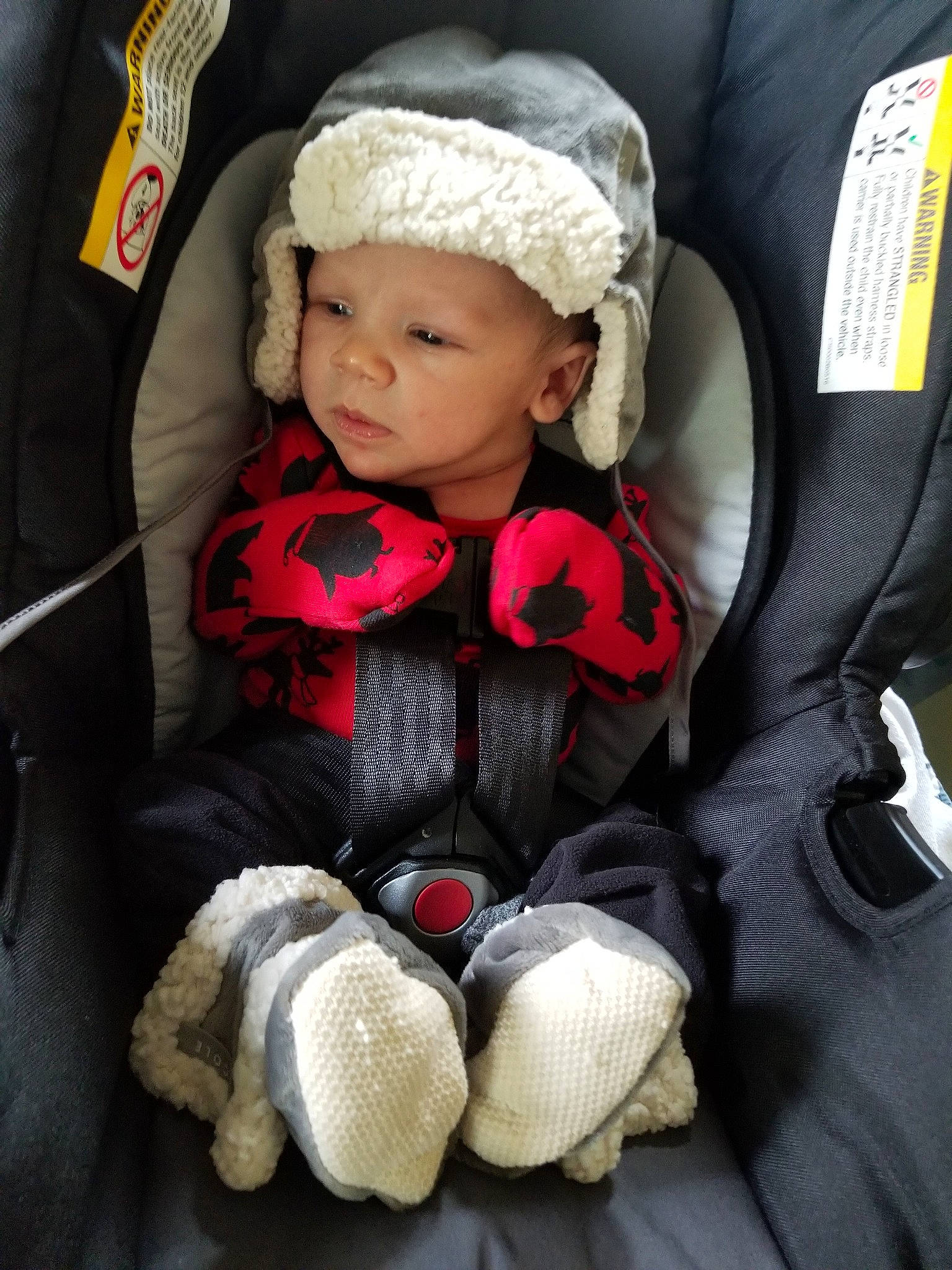 Hunter is registered to the contest to win money with this photo: auto_part, baby, baby_in_car_seat, baby_products, car_seat, child, headwear, person, seat_belt, toddler
