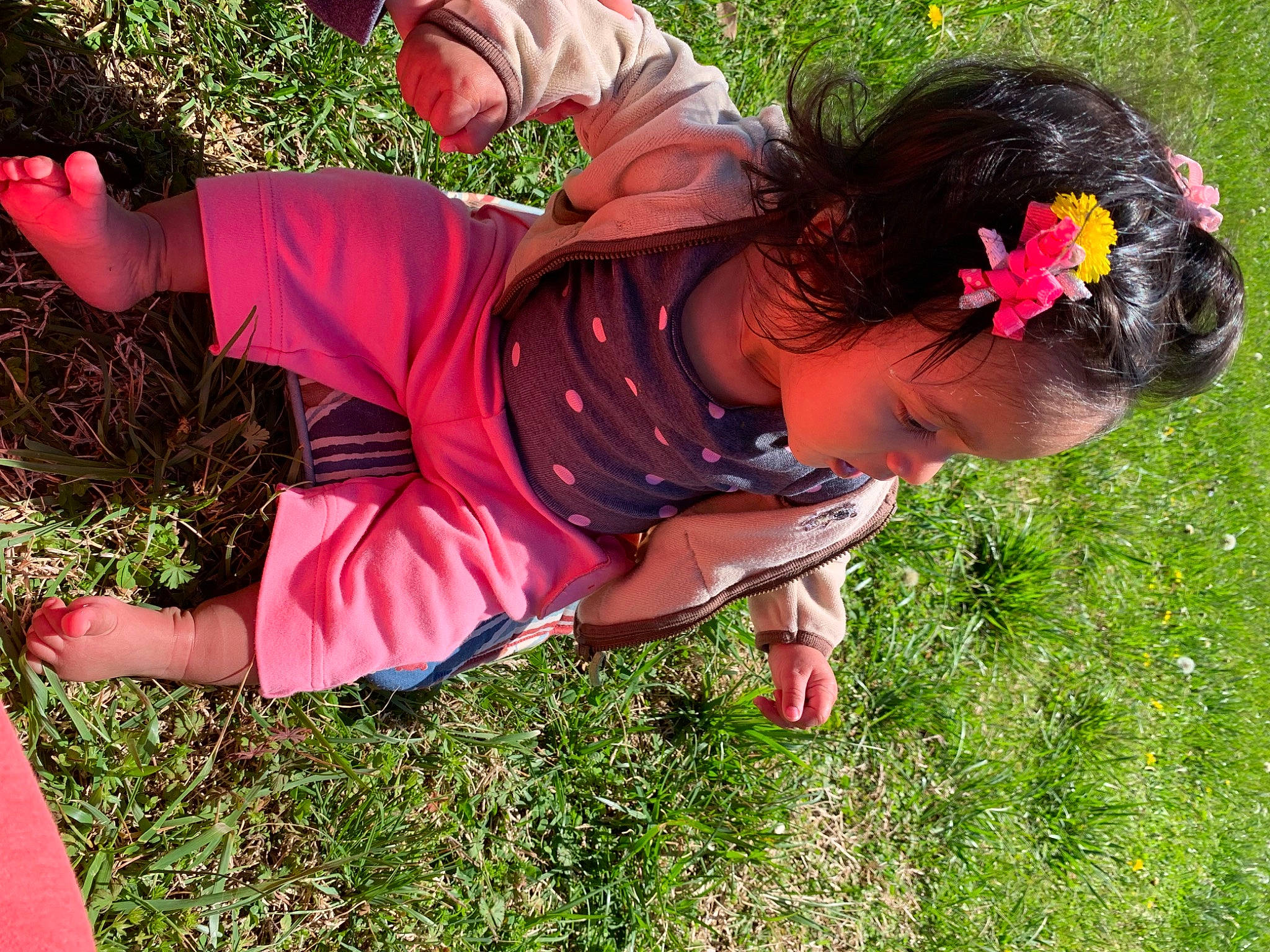 Isla is registered to the contest to win money with this photo: abdomen, dress, event, flower, fun, grass, grassland, happy, hat, human_leg, joint, lawn, leisure, magenta, people_in_nature, person, pink, plant, soil, thigh