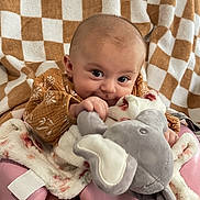 Khaleesi is registered to the contest to win money with this photo: baby, infant, plush_toy, elephant_toy, blanket, checkered_pattern, brown_clothing, pink_seat, cute, child, smiling, indoors, portrait, young_child, soft_texture, cozy, happy, face, hand, sitting