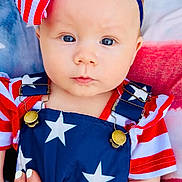 Remi joined the competition — help win amazing prizes! baby, child, face, headband, bow, blue_eyes, clothing, stars, stripes, red, white, blue, hand, nails, overalls, portrait, cute, infant, pattern, fabric
