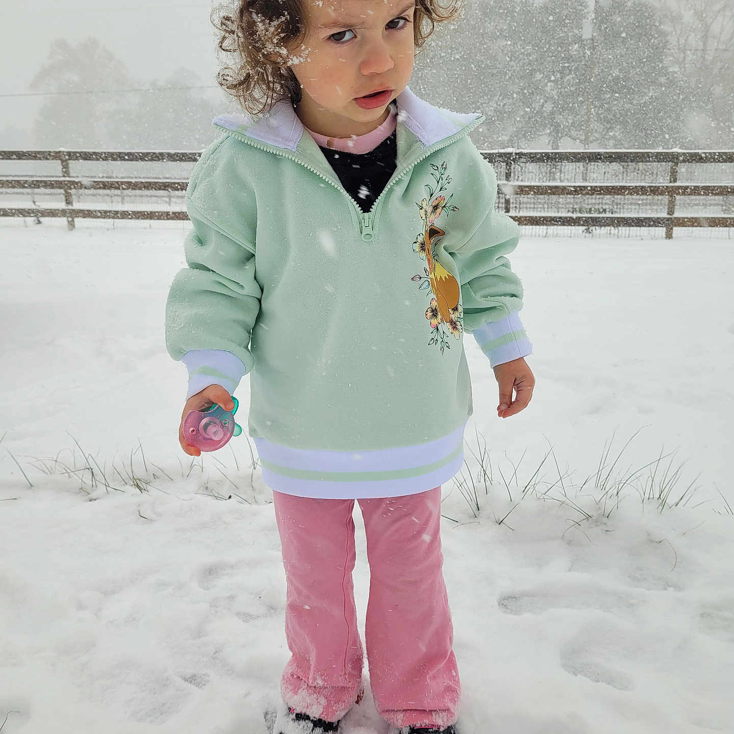 Jessi joined the competition — help win amazing prizes! child, clothing, cold_weather, curly_hair, daytime, fence, footwear, grass, mint_green_jacket, nature, outdoor, pacifier, pink_pants, red_bow, serious_expression, snow, snowflakes, standing, toddler, winter