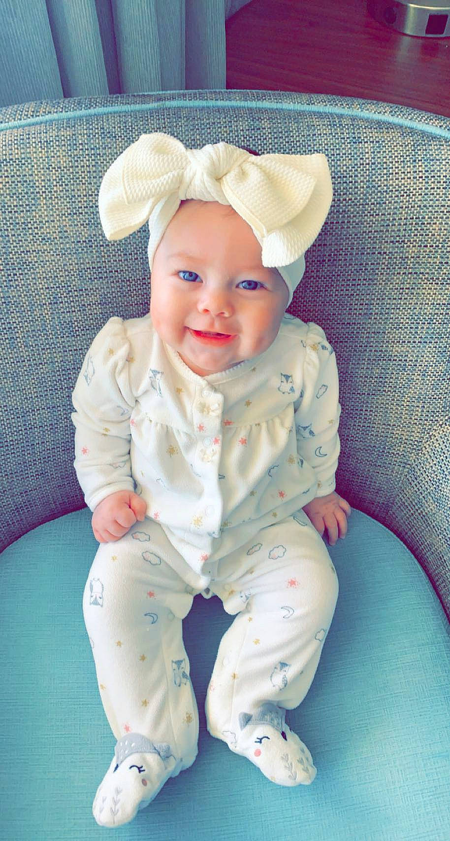 Phoebe joined the competition — help win amazing prizes! baby, baby_products, baby_toddler_clothing, blue, cheek, chin, costume_hat, eye, face, happy, head, headband, headpiece, headwear, joy, linens, pattern, person, skin, sleeve