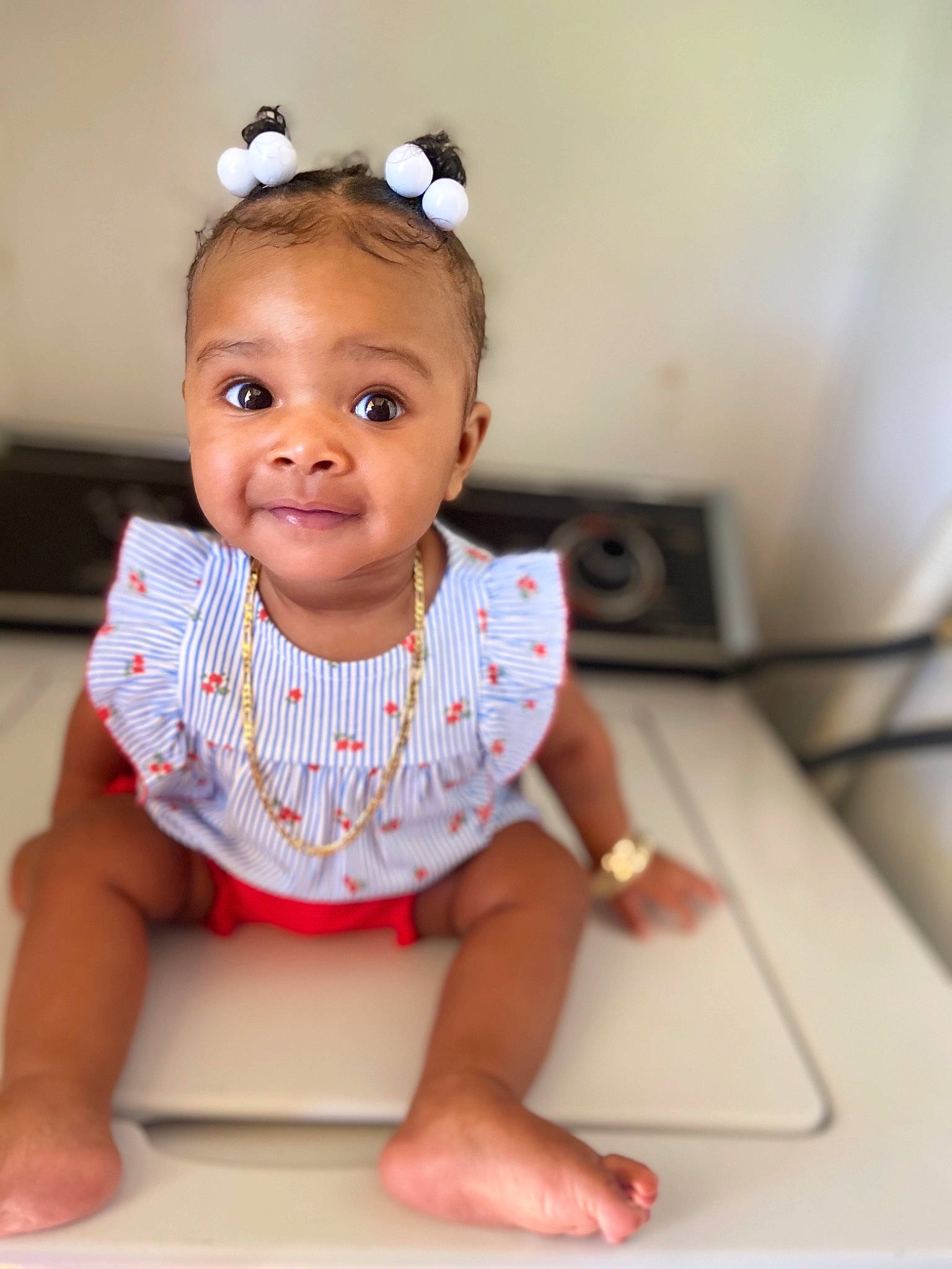 Alayla joined the competition — help win amazing prizes! baby, baby_toddler_clothing, barefoot, child, ear, fashion_accessory, foot, goggles, hair_accessory, headband, headpiece, joy, person, toddler