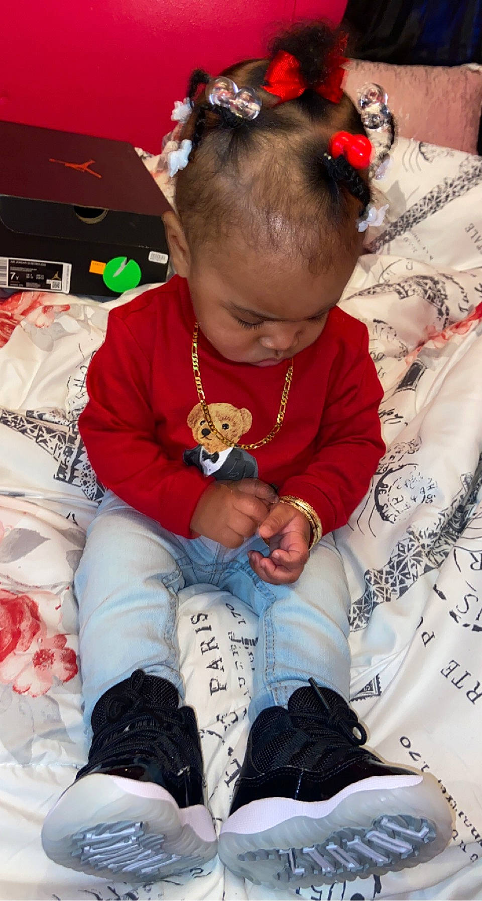 Alayla joined the competition — help win amazing prizes! baby, baby_toddler_clothing, child, denim, hair_accessory, human_body, jeans, linens, person, plush, sock, stuffed_toy, textile, toddler, toy, walking_shoe