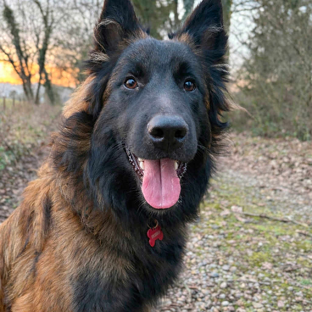 Archibald a rejoint le concours — aidez-le/la à gagner de superbes lots ! animal, canine, closeup, collar, dog, ears, forest, fur, happy, nature, outdoor, path, pet, portrait, smiling, sunset, tag, tongue_out, trees, walking