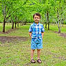 Mayson is registered to the contest to win money with this photo: child, boy, smiling, standing, outdoor, trees, greenery, grass, plaid_shirt, shorts, sandals, nature, sunny, park, person, casual_clothing, young, happy, summer, portrait