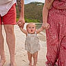 Matteo is registered to the contest to win money with this photo: baby, child, family, parents, beach, shoreline, sand, ocean, water, outdoor, summer, portrait, standing, holding_hands, smiling, infant, romper, tattoos, vacation, nature