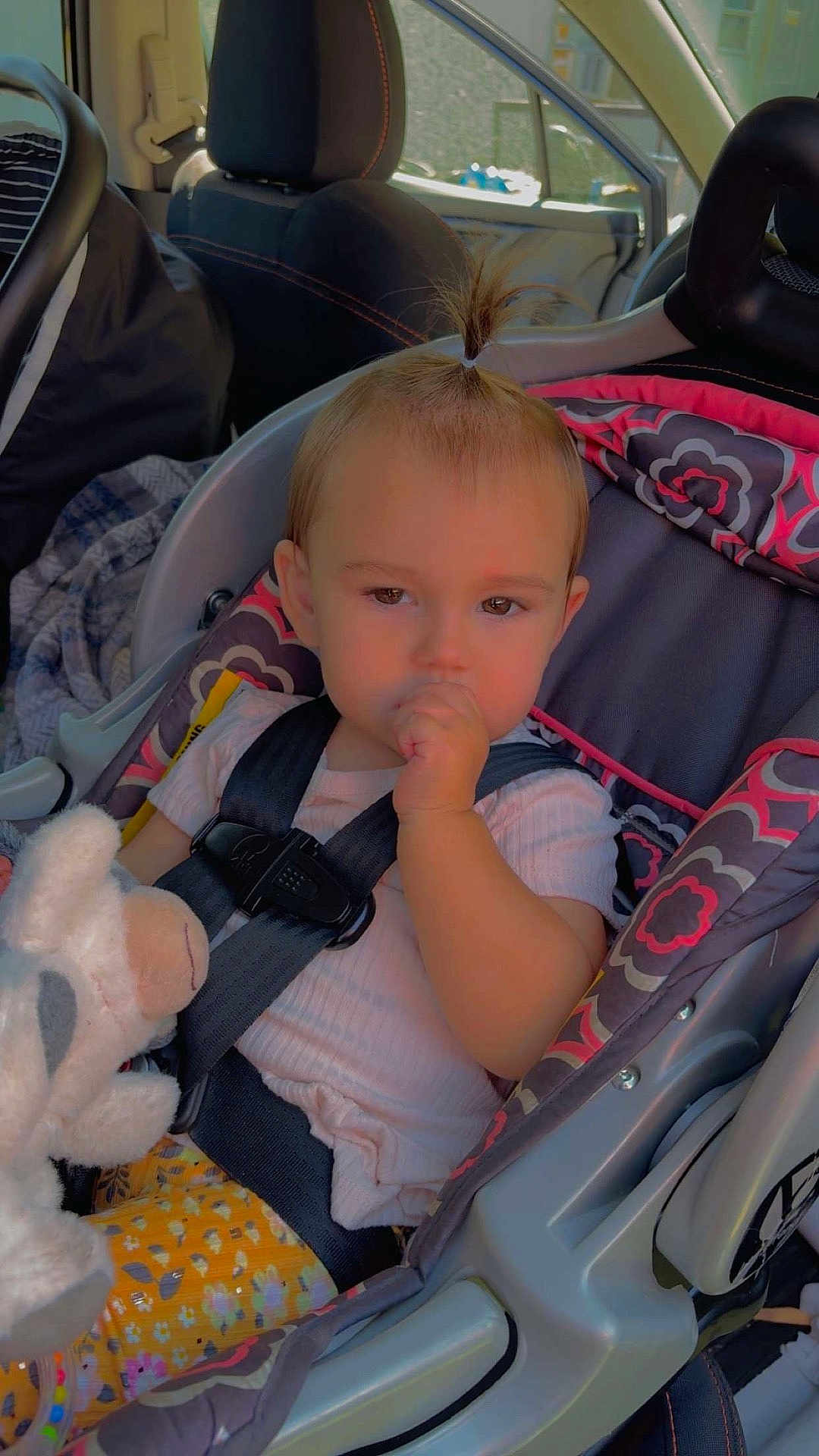 Charlotte is registered to the contest to win money with this photo: toddler, child, car_seat, seatbelt, toy, stuffed_animal, thumb_in_mouth, pony_tail, car_interior, window, sunlight, clothing, patterned_pants, pink_shirt, safety, baby, cute, portrait, indoor, seat
