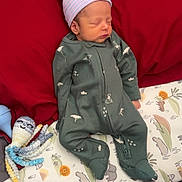 Justin is registered to the contest to win money with this photo: newborn, baby, sleeping, onesie, hat, crocheted_toy, octopus, pacifier, mattress, animal_print, blanket, bed, infant, sleep, cozy, child, cute, rest, nursery, soft