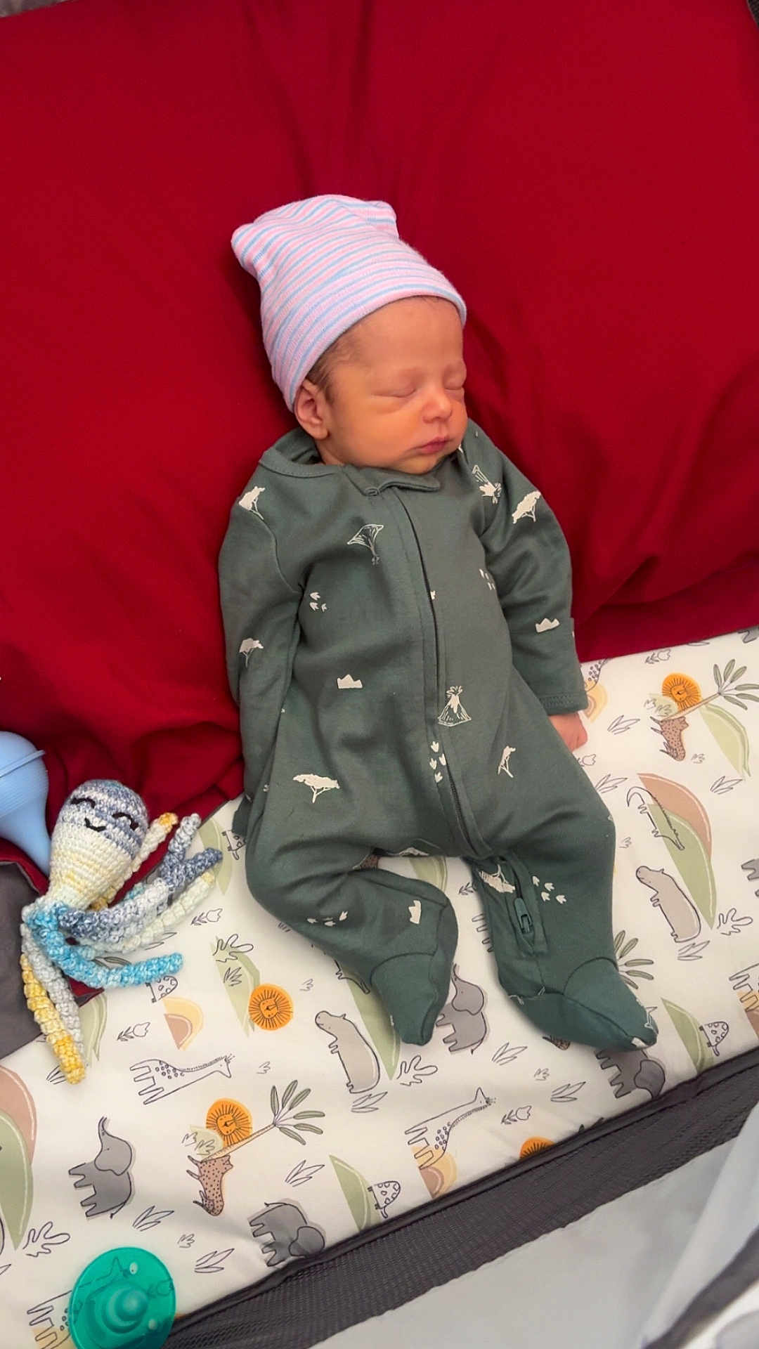 Justin is registered to the contest to win money with this photo: newborn, baby, sleeping, onesie, hat, crocheted_toy, octopus, pacifier, mattress, animal_print, blanket, bed, infant, sleep, cozy, child, cute, rest, nursery, soft