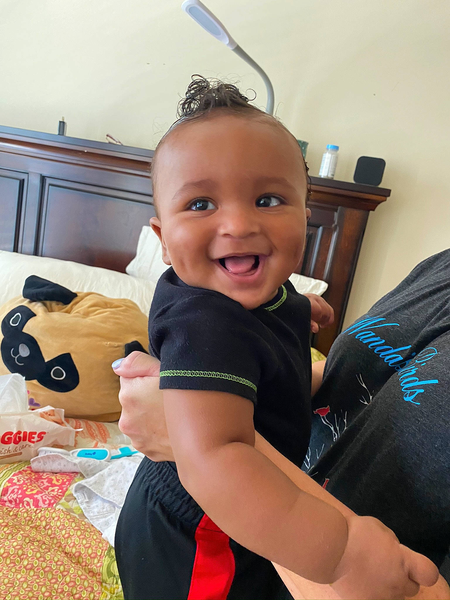 Benji is registered to the contest to win money with this photo: baby, baby_laughing, baby_products, baby_toddler_clothing, child, joy, kitchen_utensil, person, plush, stuffed_toy, thumb, toddler, tooth, toy