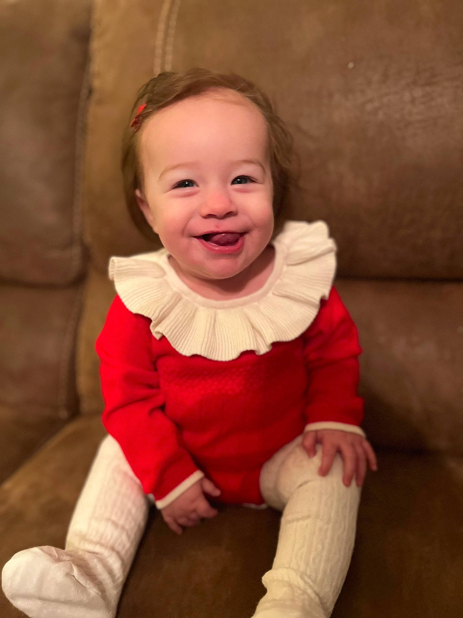 Allison is registered to the contest to win money with this photo: baby, baby_toddler_clothing, cheek, comfort, dress, eye, flash_photography, flooring, fun, happy, iris, joy, knee, leg, lip, nose, person, skin, sleeve, smile