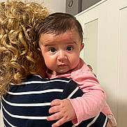 Mira Eliana is registered to the contest to win money with this photo: adult, baby, cabinets, child, close_up, curiosity, curly_hair, embrace, expression, face, hand, holding, home, indoor, person, pink_clothing, portrait, skin, striped_shirt, toddler