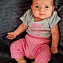 baby, infant, child, face, eyes, clothing, shirt, pants, striped_pants, socks, pink, grey, blanket, texture, portrait, cute, smile, hand, feet, sitting