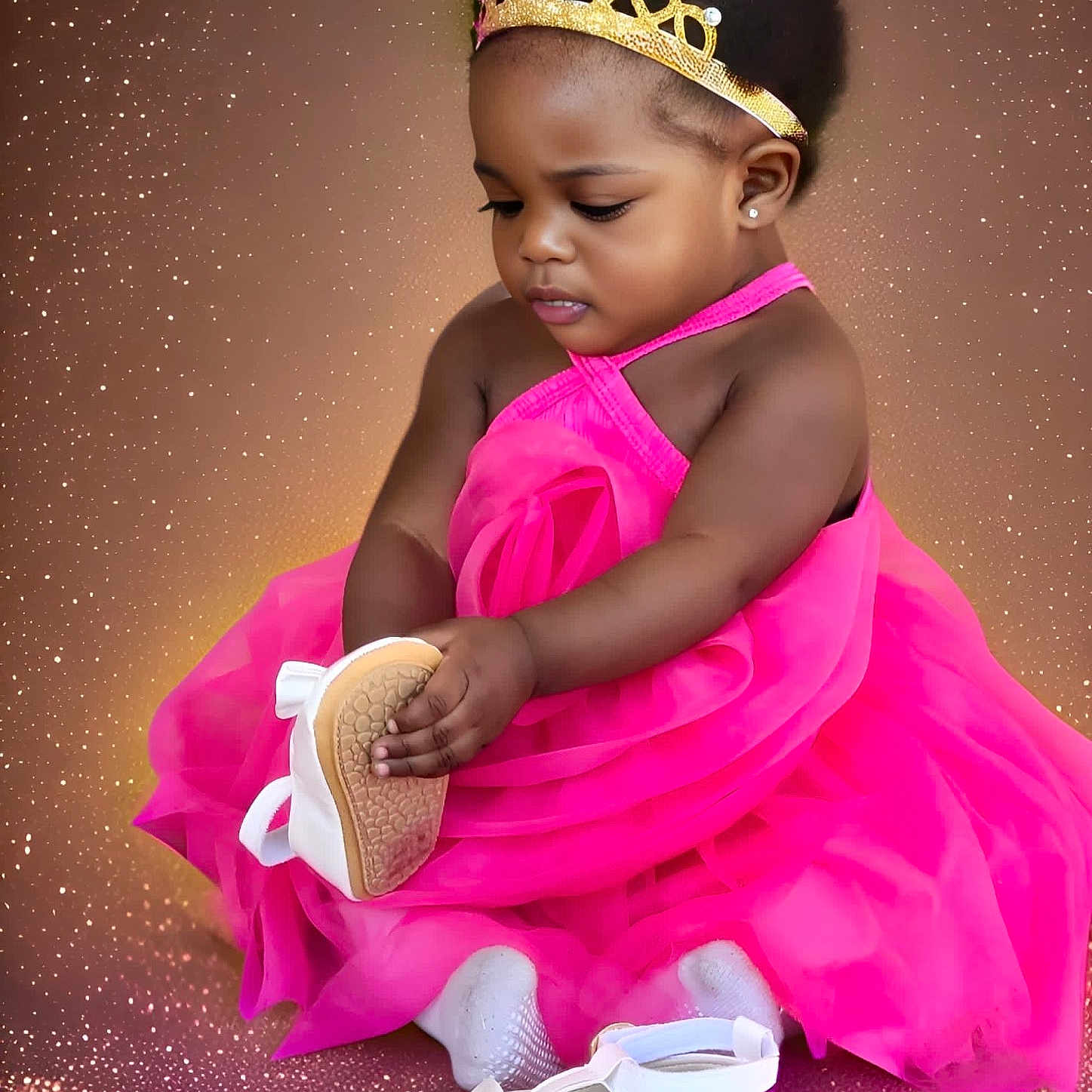 Eliana is registered to the contest to win money with this photo: accessories, child, clothing, crown, diamond, dress, face, female, footwear, formalwear, girl, head, jewelry, person, photography, portrait, purple, sandal, shoe, sitting