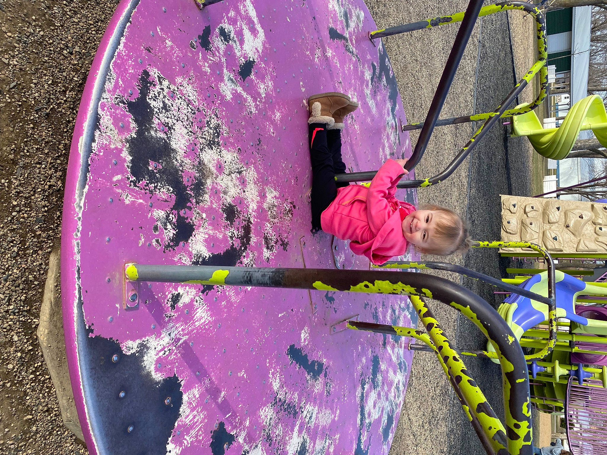 Karley joined the competition — help win amazing prizes! asphalt, child, circle, city, concrete, fun, grass, joy, leisure, magenta, person, pink, play, purple, recreation, road_surface, soil, toddler, tree, vehicle_door