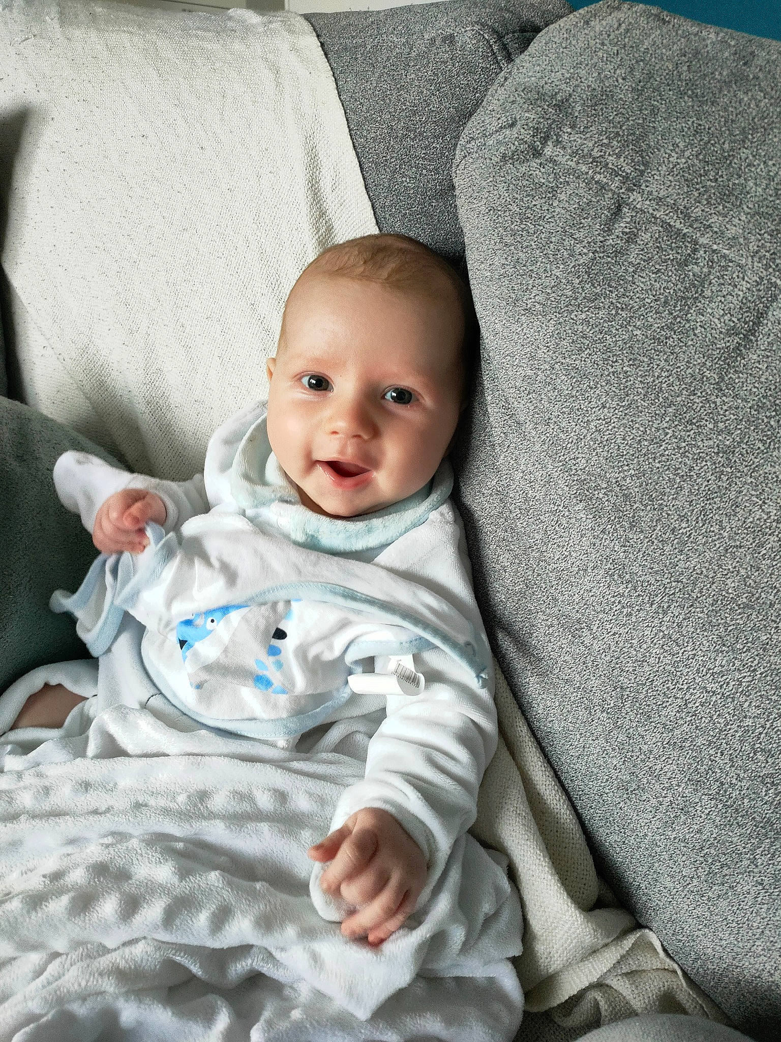 Ethan participe au concours pour gagner de l'argent avec cette photo : baby, baby_toddler_clothing, cheek, chin, comfort, eye, flash_photography, grey, hairstyle, happy, head, iris, nose, person, skin, sleeve, smile, textile, toddler, white