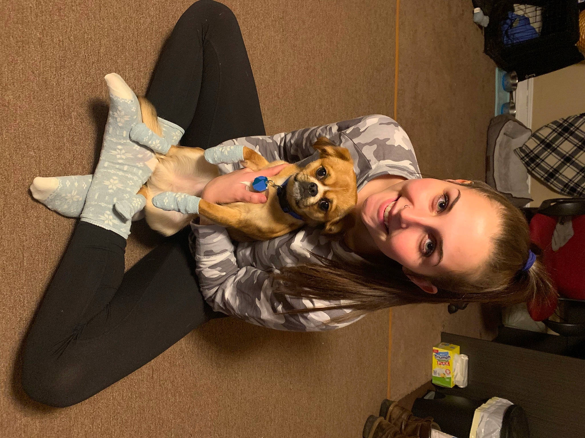 Bimmer is registered to the contest to win money with this photo: comfort, costume, elbow, eyewear, flooring, fun, gesture, human_leg, knee, personal_protective_equipment, room, sitting, thigh, vision_care, wrist