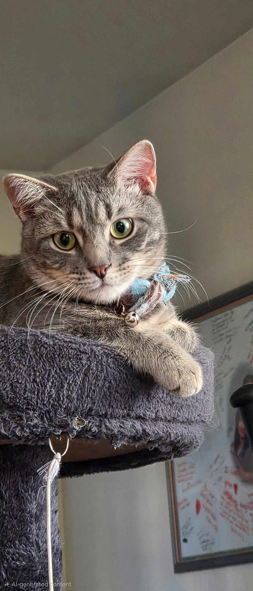Pickle Relish joined the competition — help win amazing prizes! cat, tabby, pet, animal, feline, collar, bell, perch, claw_post, indoor, curious, gray, whiskers, ears, paws, fur, face, green_eyes, relaxed, home