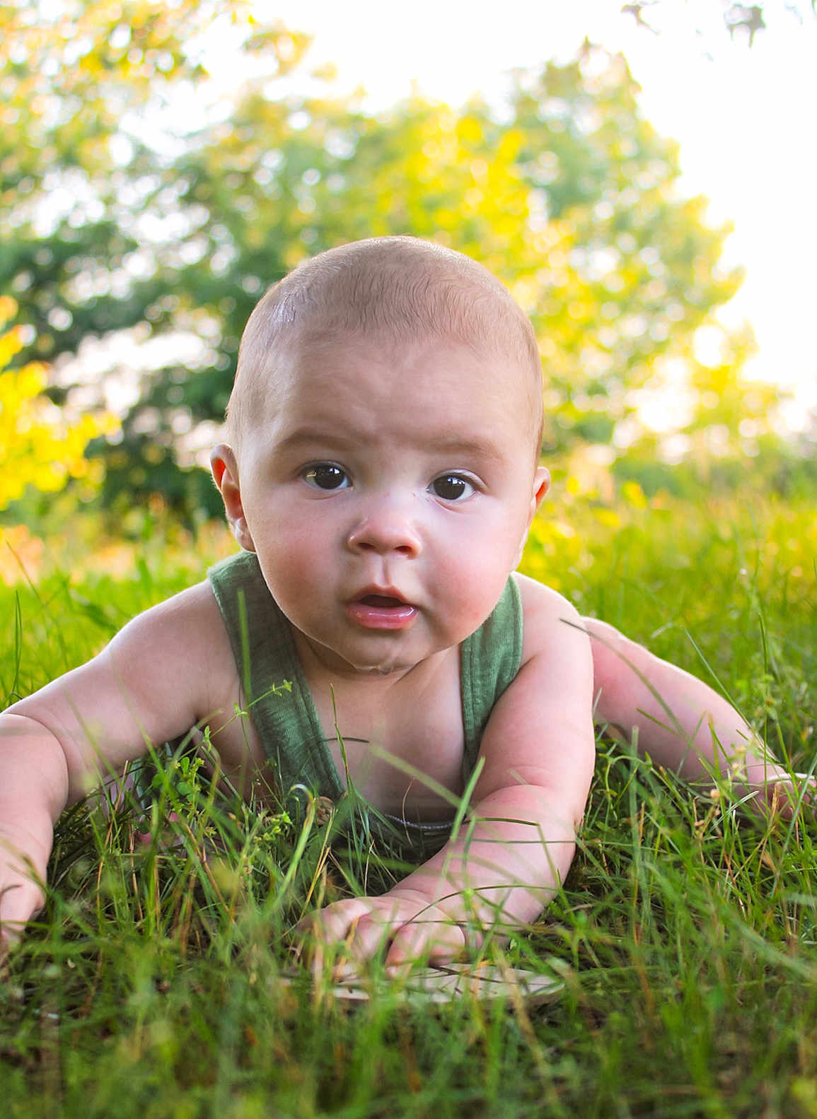 Sylas is registered to the contest to win money with this photo: baby, infant, grass, outdoor, sunlight, nature, green, tank_top, person, portrait, child, face, eyes, hands, summer, crawling, cute, young, curious, daylight
