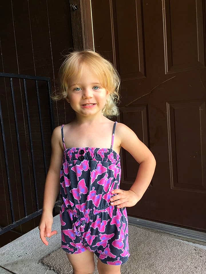 Kinsley joined the competition — help win amazing prizes! blond, child, child_model, clothing, dress, joy, magenta, pattern, person, pink, purple, smile, summer, swimwear, toddler, vacation