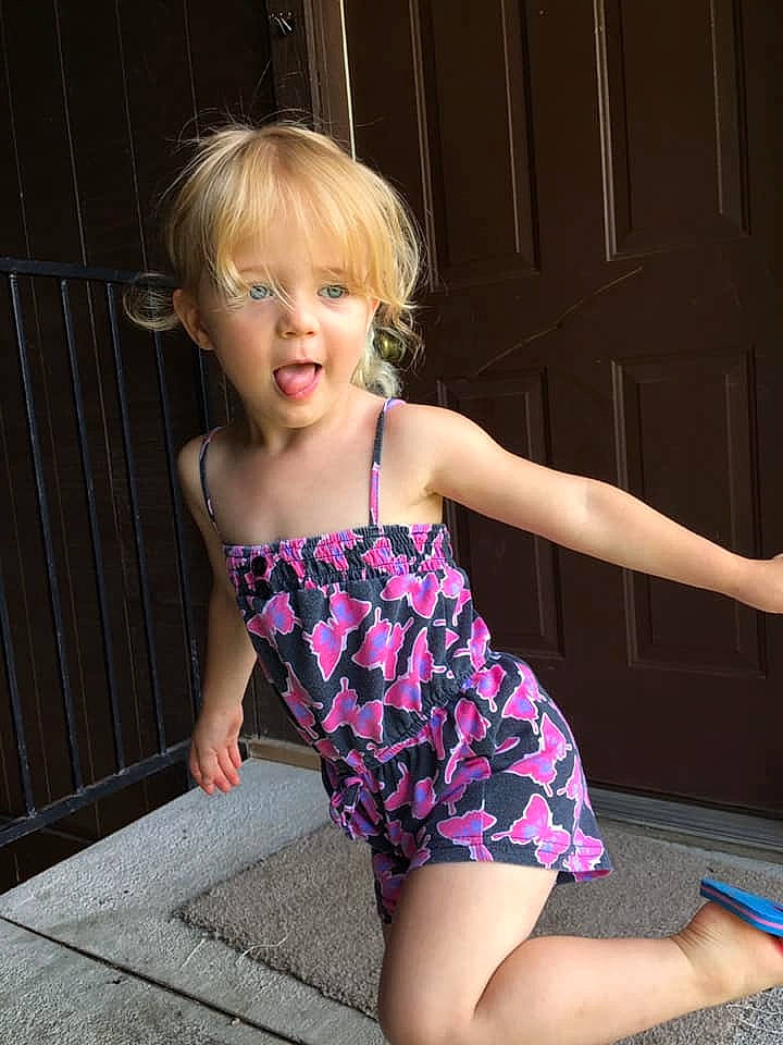 Kinsley joined the competition — help win amazing prizes! blond, child, child_model, clothing, dress, human_leg, leg, one_piece_swimsuit, pattern, person, photography, pink, purple, shoulder, smile, summer, swimwear, toddler