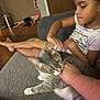 arm, cat, child, close_up, cuddling, door, girl, grey_cat, hand, hardwood_floor, indoor, legs, living_room, person, pet, sitting, sofa, texture, toys, trash_can