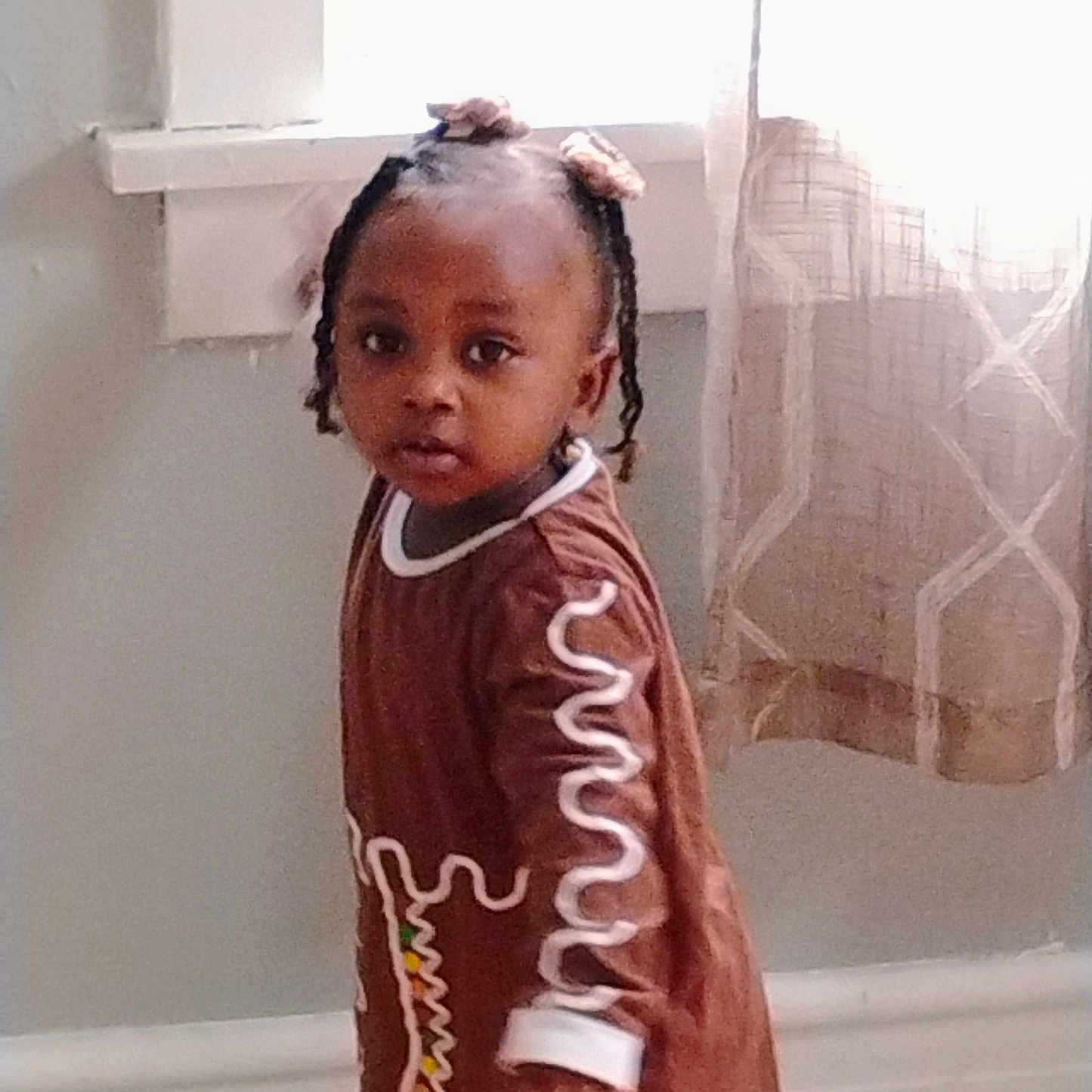Daniah is registered to the contest to win money with this photo: braided_hair, brown_dress, casual_clothing, child, curious, curtains, cute, expression, face, hair_ties, home, indoor, light, looking, person, portrait, standing, toddler, window, young_child