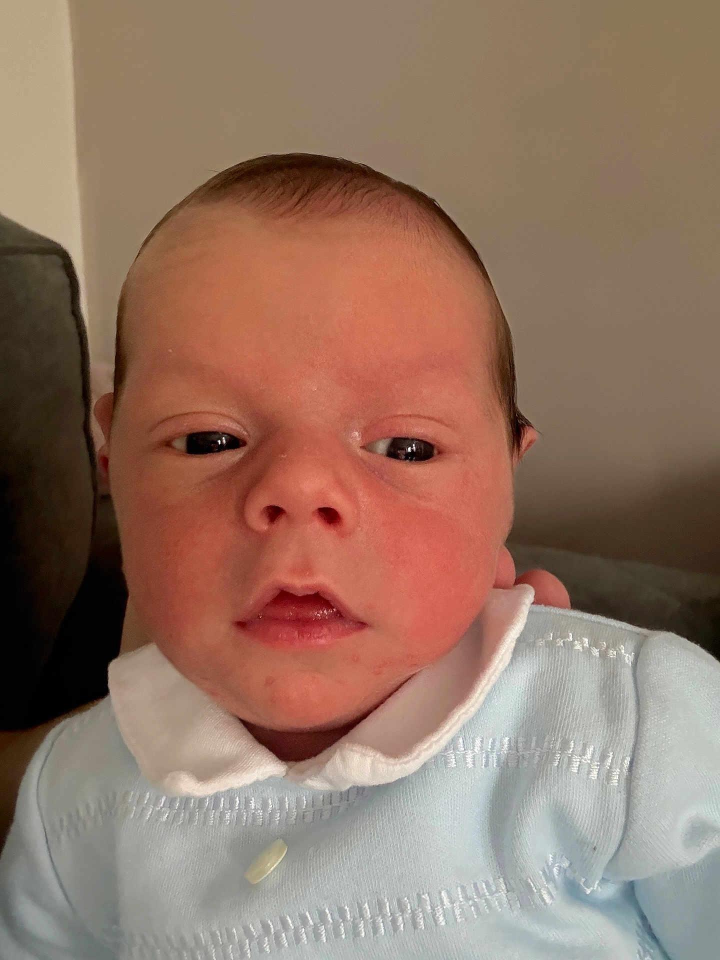 Jack is registered to the contest to win money with this photo: baby, newborn, face, infant, skin, clothing, blue, white_collar, portrait, closeup, young_child, human, cute, indoors, resting, person, head, expression, soft_light, cozy