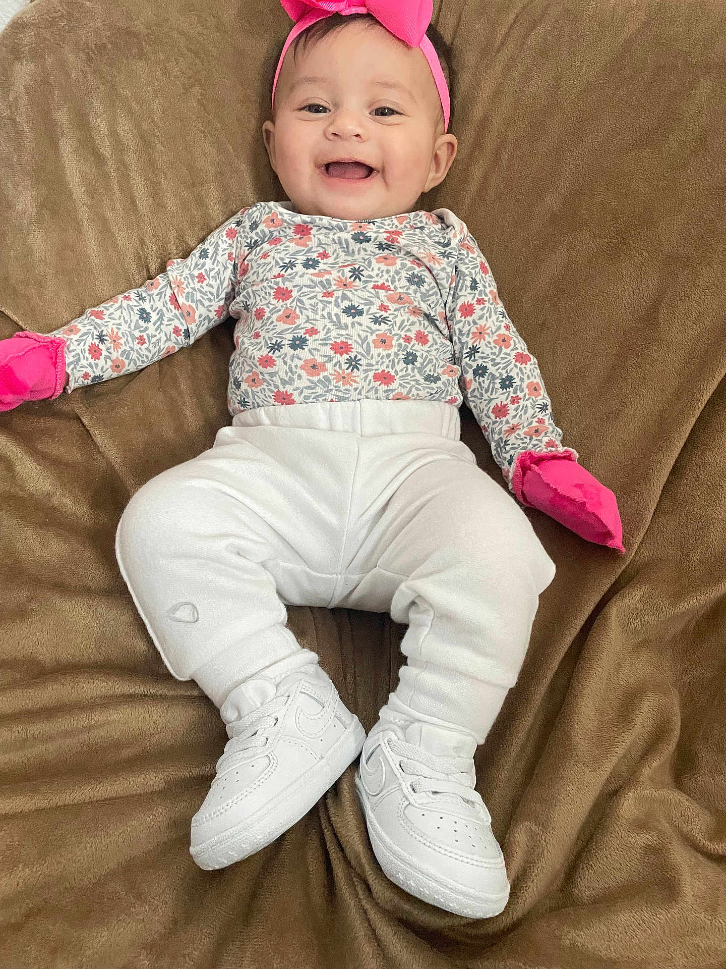 Jazlyn joined the competition — help win amazing prizes! baby, babylaughing, clothing, face, footwear, happy, hat, head, hosiery, jeans, pants, person, photography, portrait, shoe, sitting, sleeve, smile, sneaker, sock