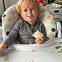 toddler, child, high_chair, yogurt, messy, food, broccoli, corn, striped_shirt, face, smiling, indoor, feeding, happy, eating, hand, plastic_tray, blonde_hair, kitchen, cleaning_supplies