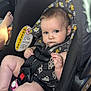 baby, car_seat, child, infant, blue_eyes, seatbelt, pacifier, floral_pattern, clothing, safety, serious_expression, indoor, car_interior, person, young_child, cute, head_support, straps, closeup, seat