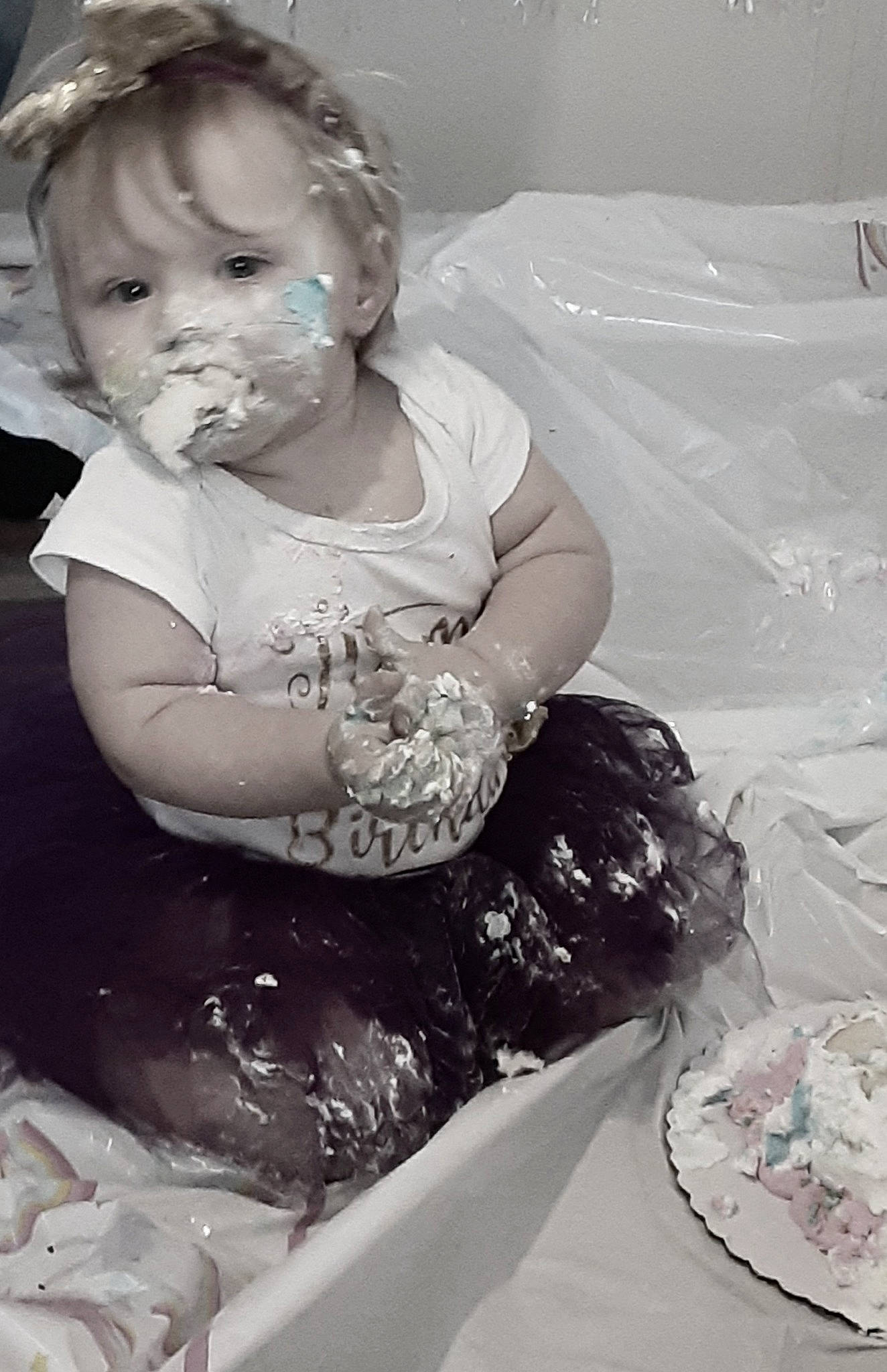 Caylee joined the competition — help win amazing prizes! baby, baby_toddler_clothing, black, black_and_white, child, cooking, dress, event, flash_photography, fun, hairstyle, happy, jewellery, monochrome, monochrome_photography, mouth, person, sitting, style, toddler