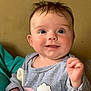 Juniper joined the competition — help win amazing prizes! baby, child, smile, blue_eyes, gray_clothing, cloud_print, tousled_hair, indoor, portrait, cute, happy, infant, person, sitting, blanket, hand, face, skin, young, cozy